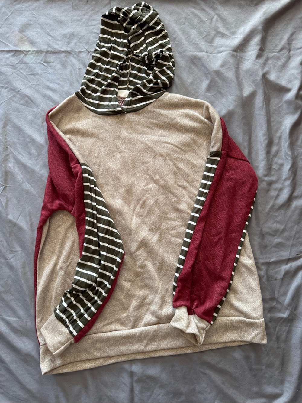 Lovely Melody Striped Hooded Colorblock Sweatshirt - Beige, Burgundy & Olive